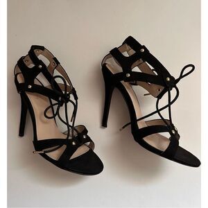 Qupid Black Faux Suede Lace Up Pump with Gold Embellishment